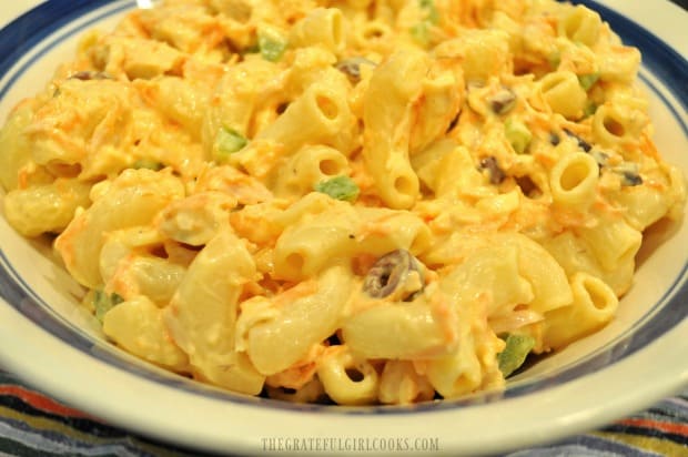 Tuna pasta salad closeup view, in bowl