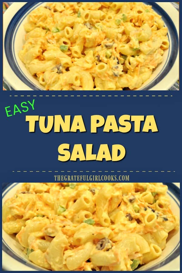 Tuna Pasta Salad with creamy dressing, albacore tuna, elbow macaroni, carrots, green peppers, onions, & kalamata olives, is a perfect meal for hot summer days!