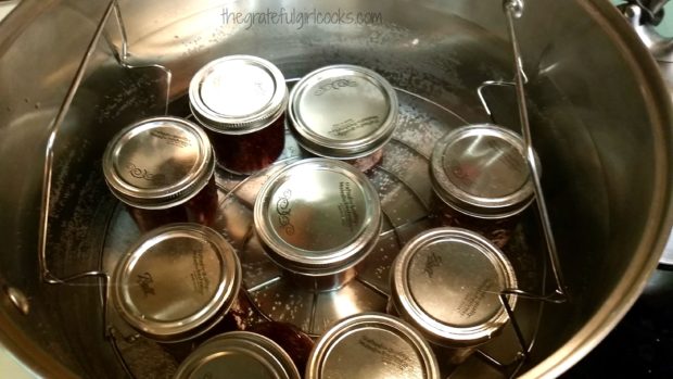 Jars of jam sit on a rack in water bath canner