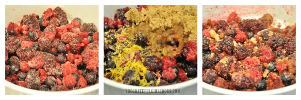 Blackberries, blueberries and raspberries are mixed with brown sugar, etc. for cobbler