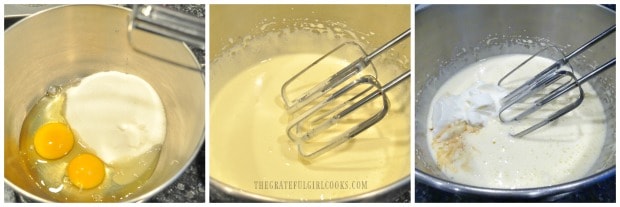 Beating eggs, sugar, and sour cream for the muffin batter.
