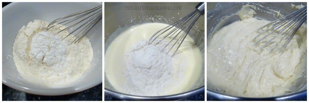 Whisking flour and baking powder into muffin batter.