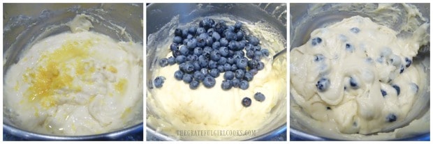 Adding lemon zest, lemon juice and blueberries into muffin batter.