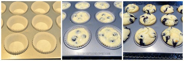 Muffin cups are filled with batter, then baked until done.