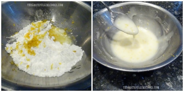 Mixing lemon glaze to drizzle on top of blueberry muffins.