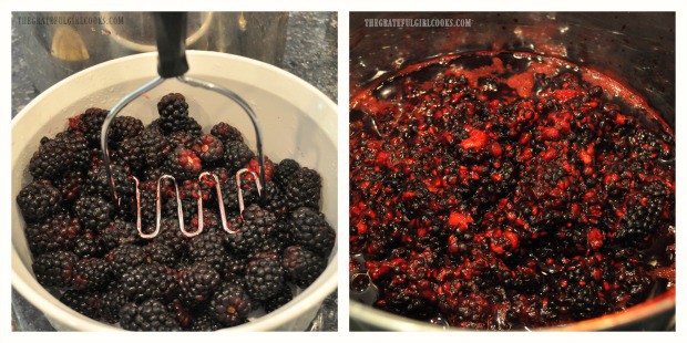 Boysenberries are mashed then added to large pot to cook.
