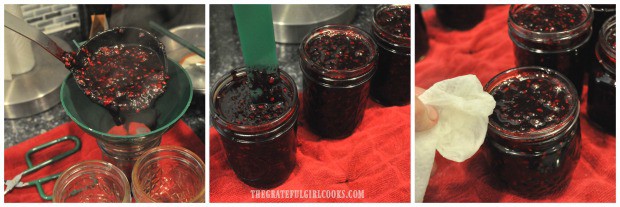 Jam ladled into jars, air removed, then rims wiped clean before canning.