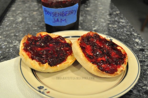 Fresh homemade boysenberry jam on english muffins