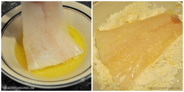 Cod is dipped in butter, than coated with flour mixture before baking