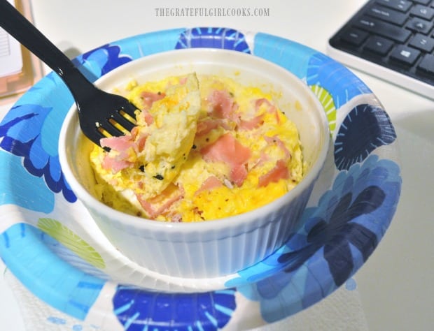 Eggs are fluffy in this microwaved ham and cheese omelet.