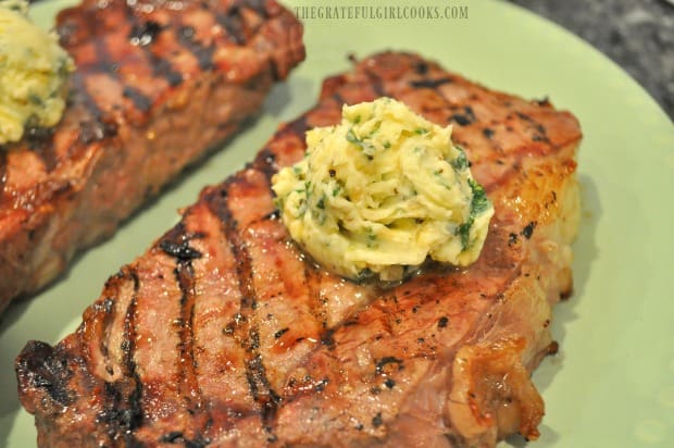 Herb butter for steaks placed on top of cooked meat where it melts!