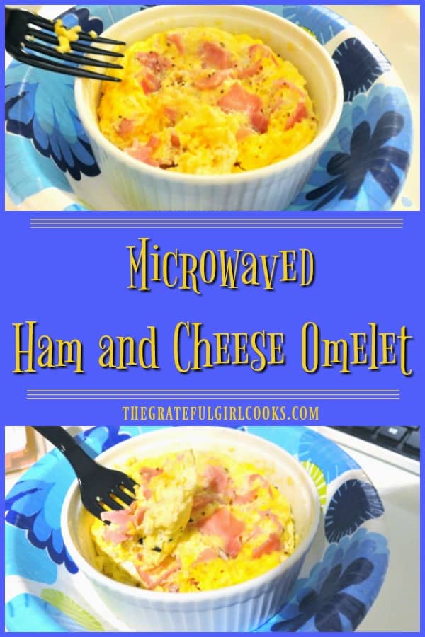 You're gonna love this microwaved ham cheese omelet on those crazy BUSY days! Mix it up, cook for 1-2 minutes in the microwave, and BOOM... breakfast is served!