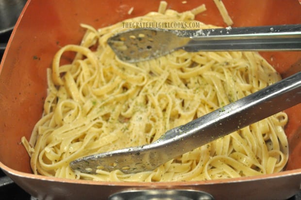 Italian spices, olive oil, butter and Parmesan are added to hot cooked pasta