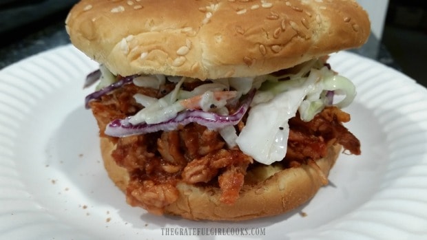 Traeger smoked pork loin and BBQ sauce, with coleslaw makes a GREAT tasting sandwich!