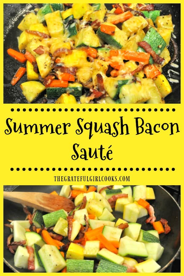 Summer Squash Bacon Sauté is a simple side dish with green and yellow zucchini, crisp bacon, carrot, onions, garlic and cheese, and takes only minutes to make!