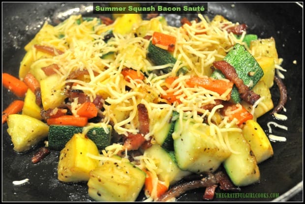 Summer Squash Bacon Sauté is a simple side dish with green and yellow zucchini, crisp bacon, carrot, onions, garlic and cheese, and takes only minutes to make!