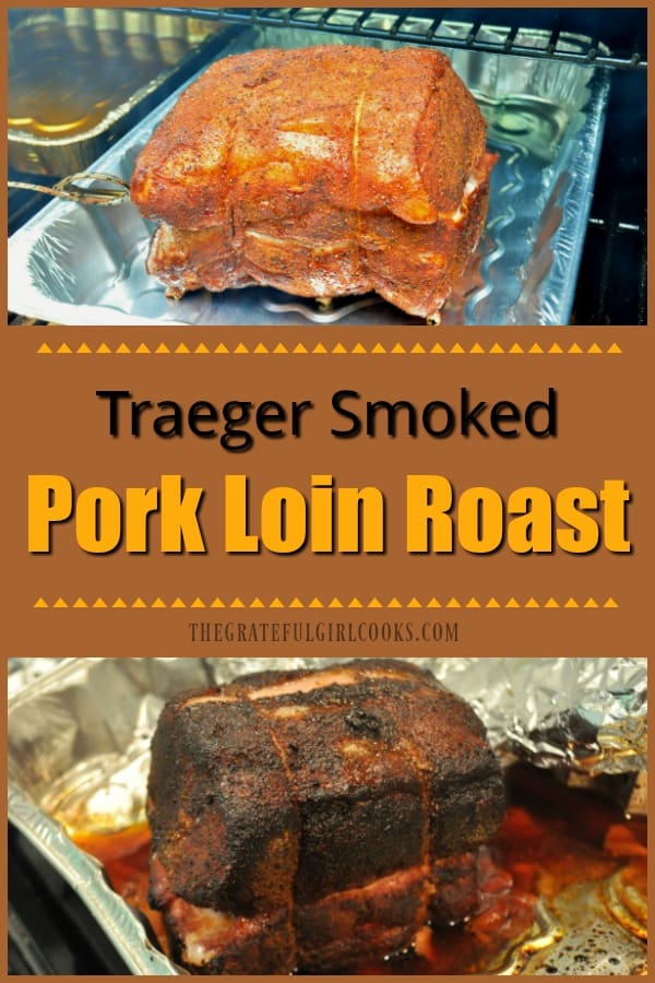 Traeger Smoked Pork Loin Roast (seasoned with dry rub spices) tastes amazing right off the smoker, OR as a tasty pulled pork sandwich, coated in BBQ sauce!