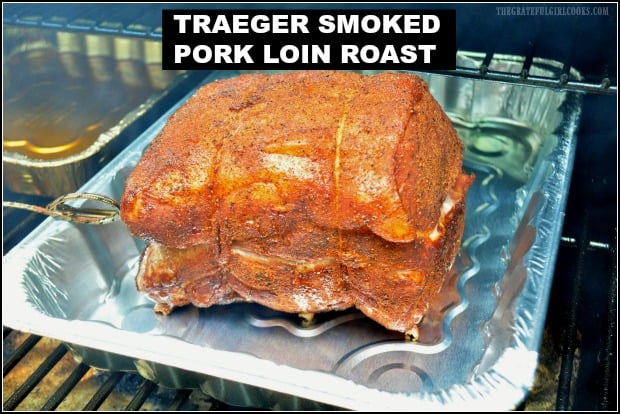 Traeger Smoked Pork Loin Roast (seasoned with dry rub spices) tastes amazing right off the smoker, OR as a tasty pulled pork sandwich, coated in BBQ sauce!