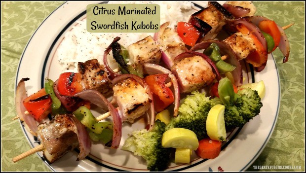 Citrus Marinated Swordfish Kabobs, with onions and red and green bell peppers are quick and easy to prepare, and can be grilled on a BBQ or an inside griddle.