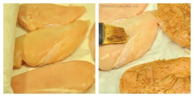 Chicken breasts are patted dry, then covered with seasoning mix.