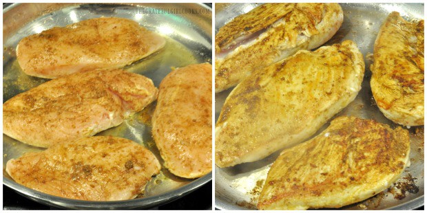 Seasoned chicken breasts are pan-seared in skillet, until golden brown in color.