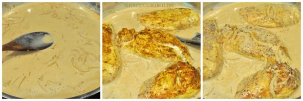 Coconut milk sauce is used to braise chicken breasts in skillet.