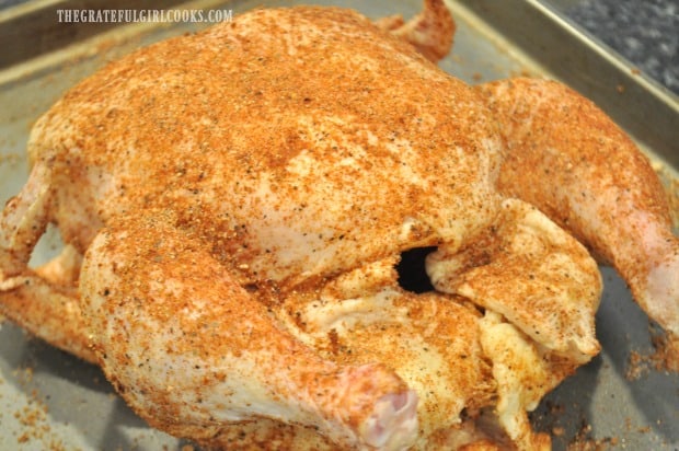 Whole chicken with dry rub spice mix applied to skin.