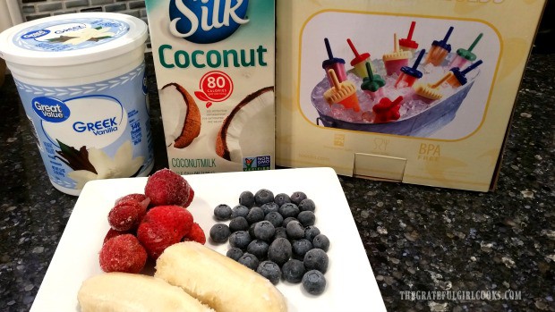 Ingredients for fruit smoothie popsicles (strawberries, banana, blueberries, coconut milk, Greek vanilla yogurt)