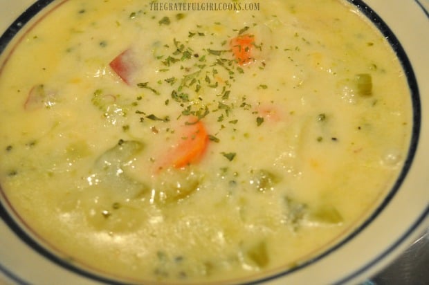 Bowl of garden vegetable chowder, garnished with dried parsley.