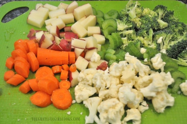 Carrots, potatoes, celery, broccoli and cauliflower used to make vegetable chowder.