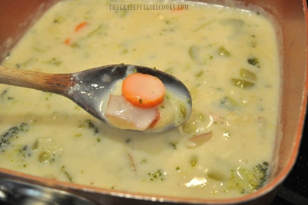 The vegetable chowder has thickened considerably in pan.