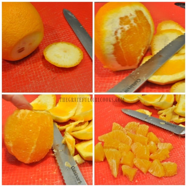 Photo collage showing how to peel whole orange to add to the kale orange salad.