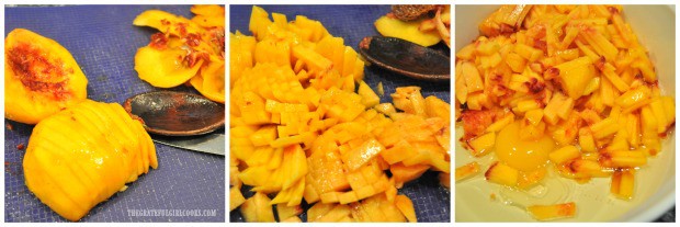 Fresh peaches are peeled, then diced and added to egg, for muffins.