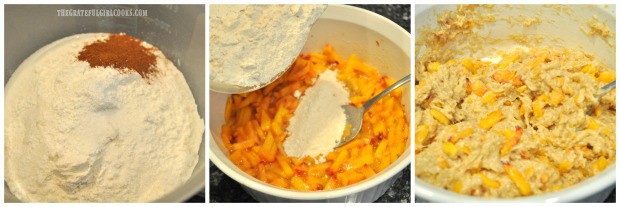 Dry ingredients are combined then added to peaches for muffins.