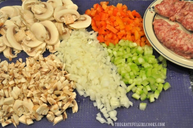 Mushrooms, onions, red pepper, celery and Italian sausage are used to make ragu sauce.