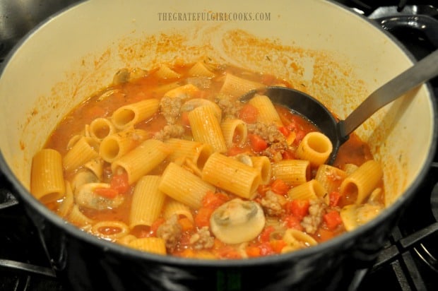 Rigatoni sausage mushroom ragu is ready to be served.