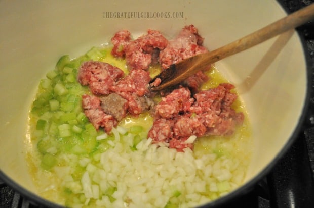 Italian sausage, mushrooms and celery are cooked in butter and olive oil for ragu sauce.