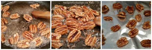 Candied pecans only take a few minutes to make for the spinach salad.