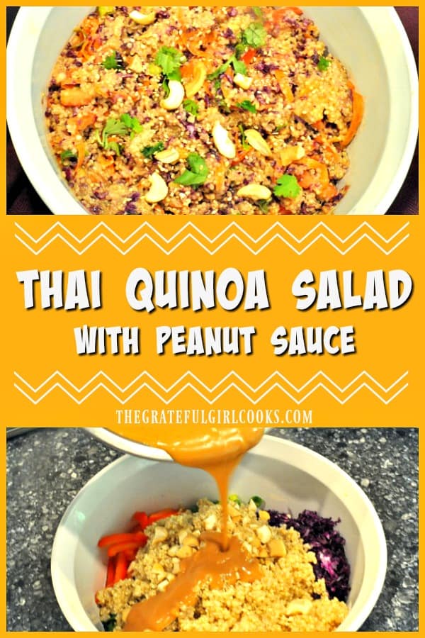 You'll love this Thai Quinoa Salad, a delicious side dish with crunchy veggies and cashews, in an amazing tasting peanut sauce! Salad keeps fresh for days!