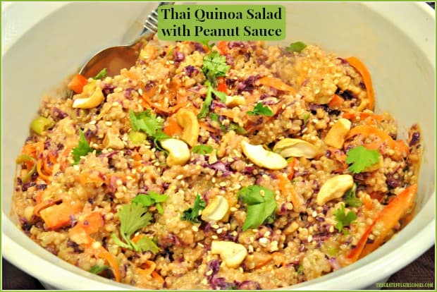 You'll love this Thai Quinoa Salad, a delicious side dish with crunchy veggies and cashews, in an amazing tasting peanut sauce! Salad keeps fresh for days!
