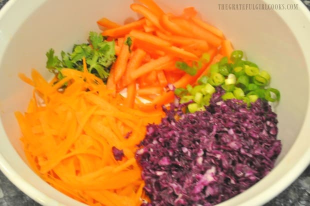 Cabbage, carrots, cilantro, red bell pepper and green onions prepped for Thai quinoa salad.
