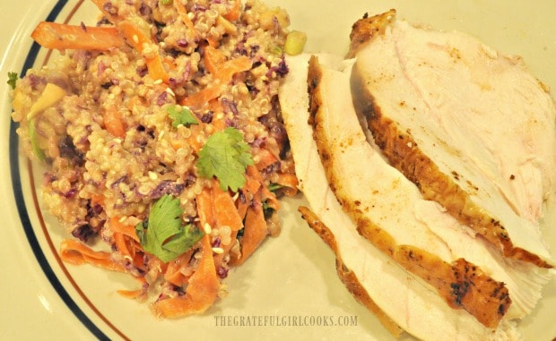Thai quinoa salad is served as a side dish for roasted chicken.