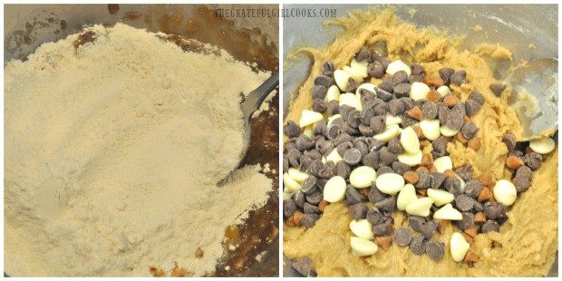 Flour, mixture plus cinnamon, chocolate and white chips added to bar cookie batter.