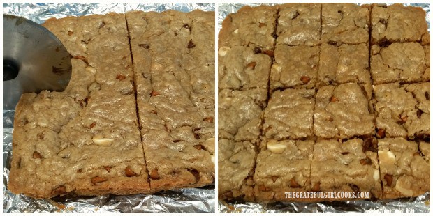 Triple chip bar cookies are cut into 12 pieces with pizza cutter.