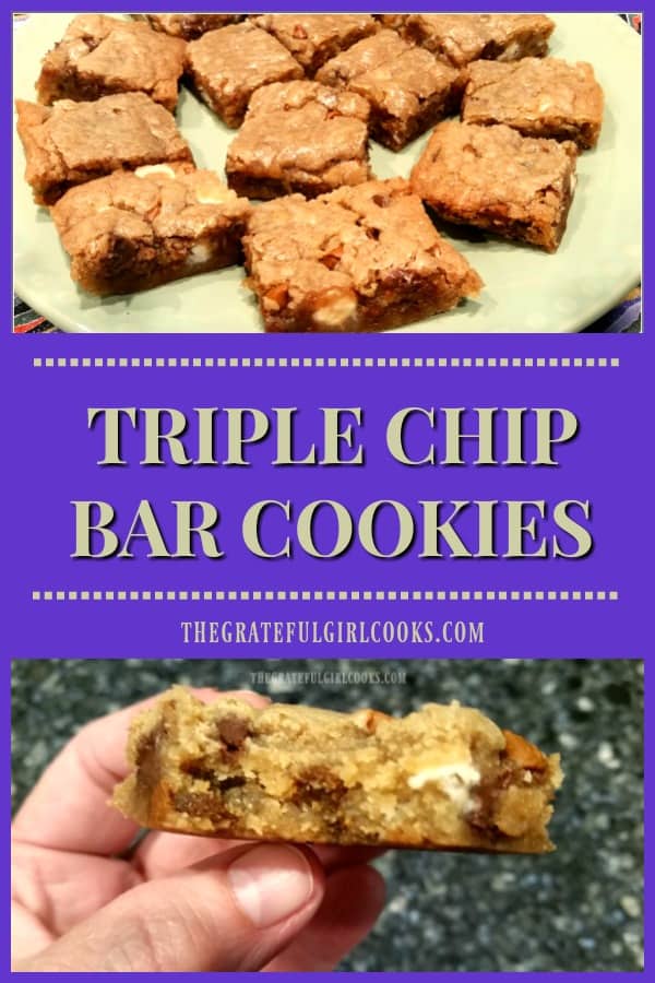 You'll love these EASY to make Triple Chip Bar Cookies, loaded with semi-sweet, white, and cinnamon chips- have a dozen treats ready to eat in about 30 minutes!