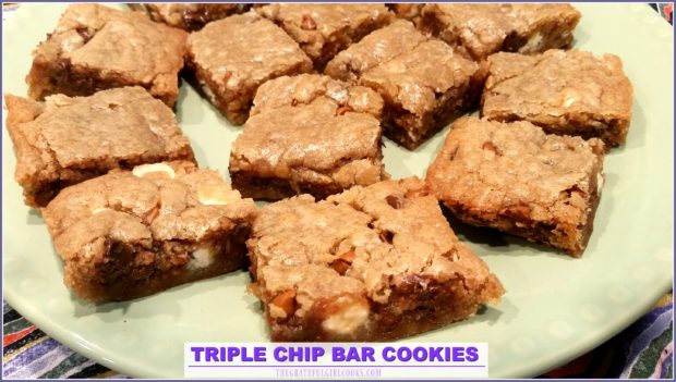 You'll love these EASY to make Triple Chip Bar Cookies, loaded with semi-sweet, white, and cinnamon chips- have a dozen treats ready to eat in about 30 minutes!