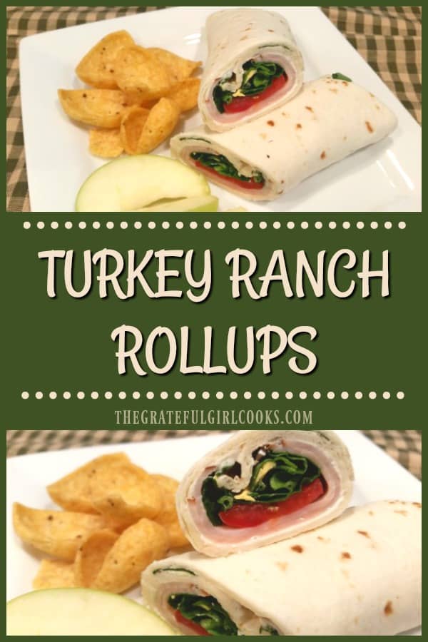 Turkey Ranch Rollups are wrap sandwiches with turkey breast, roma tomatoes and spinach with a cream cheese ranch spread. EASY to make; perfect for lunch boxes! 