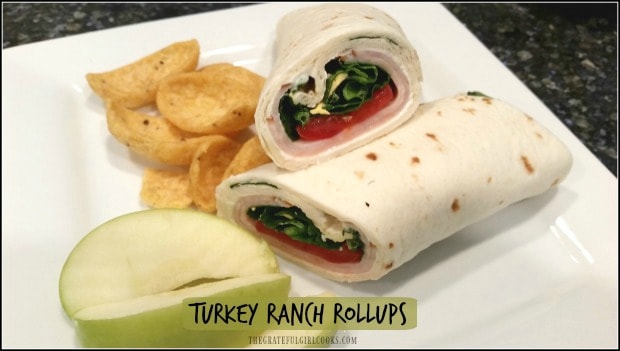 Turkey Ranch Rollups are wrap sandwiches with turkey breast, roma tomatoes and spinach with a cream cheese ranch spread. EASY to make; perfect for lunch boxes! 