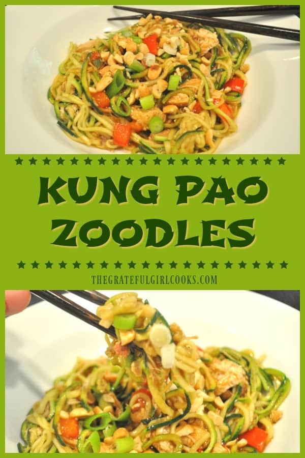 Kung Pao Zoodles is a low calorie (under 300), low carb dish using spiralized zucchini noodles, cooked in a sweet/spicy Asian sauce, w/or without chicken.