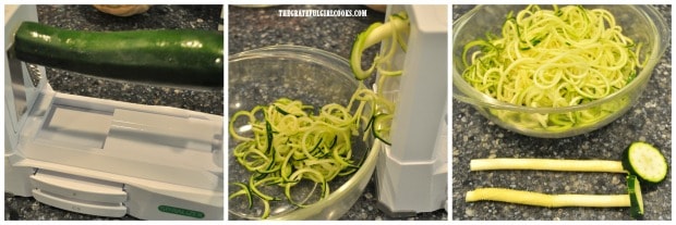Zucchini being spiralized into noodles to make Kung Pao zoodles.